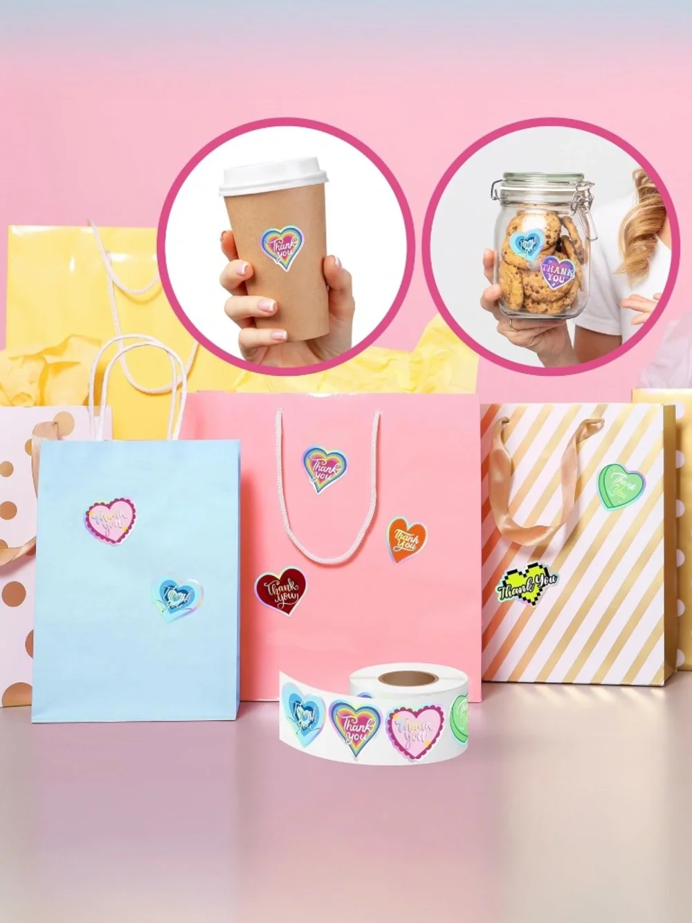 50PC Holographic Heart Thank You Stickers Roll Laser Iridescent Packaging Label - Picture 3 of 3